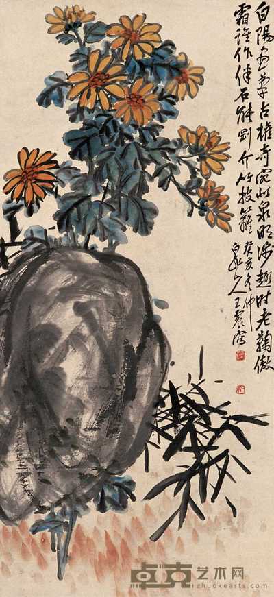 王一亭 癸亥（1923）年作 菊石图 立轴 95×44cm